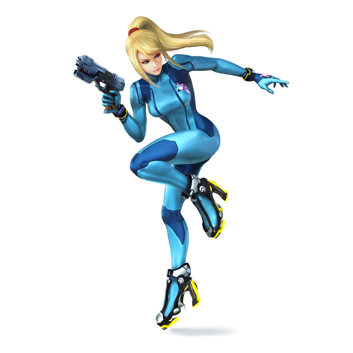 En kvindelig karakter i blå kostume, der holder en pistool Wallpaper