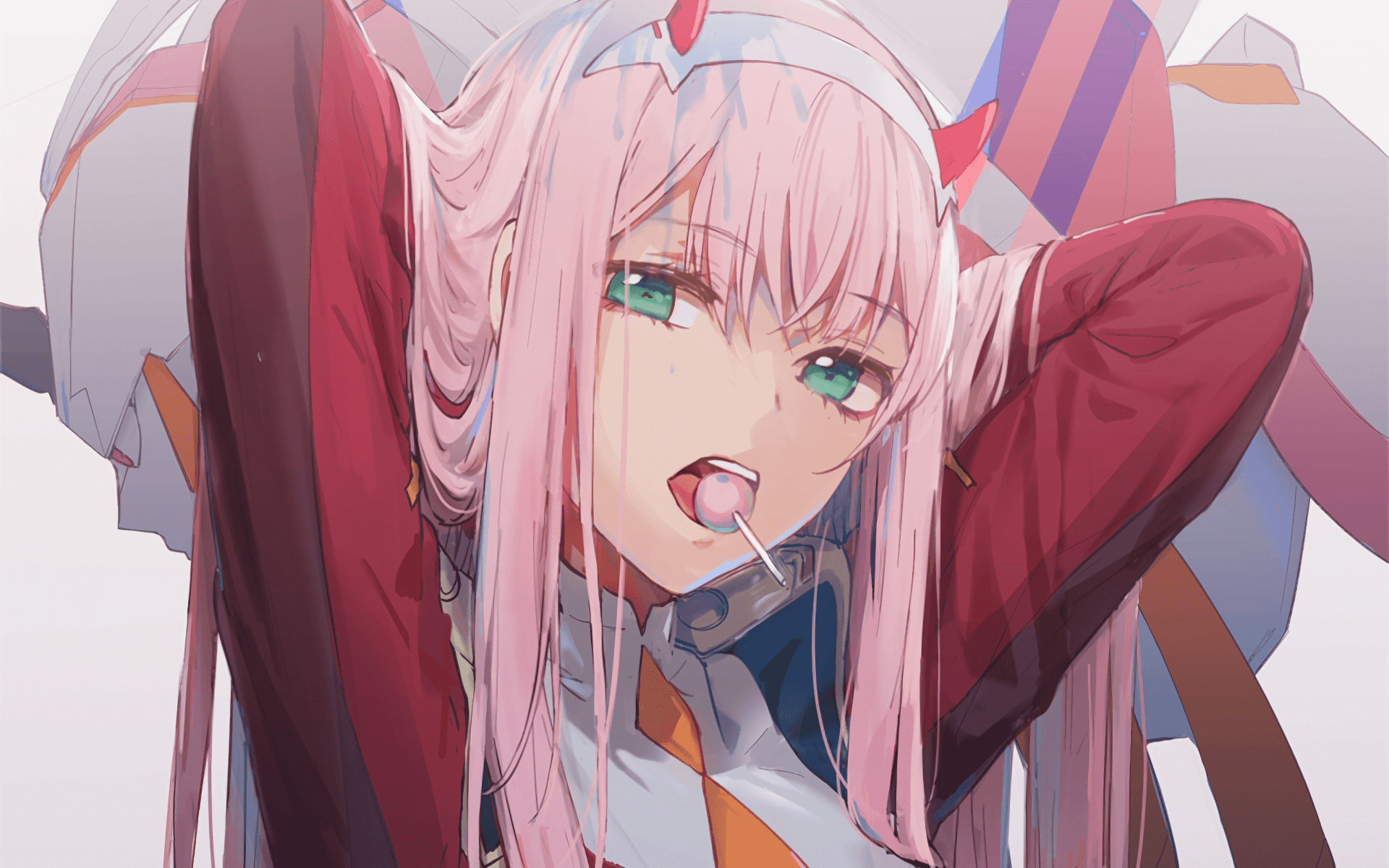 Zero Two, Darling in the FranXX Background — A pink-haired anime girl with green eyes licks a pink lollipop while wearing a red and white outfit.