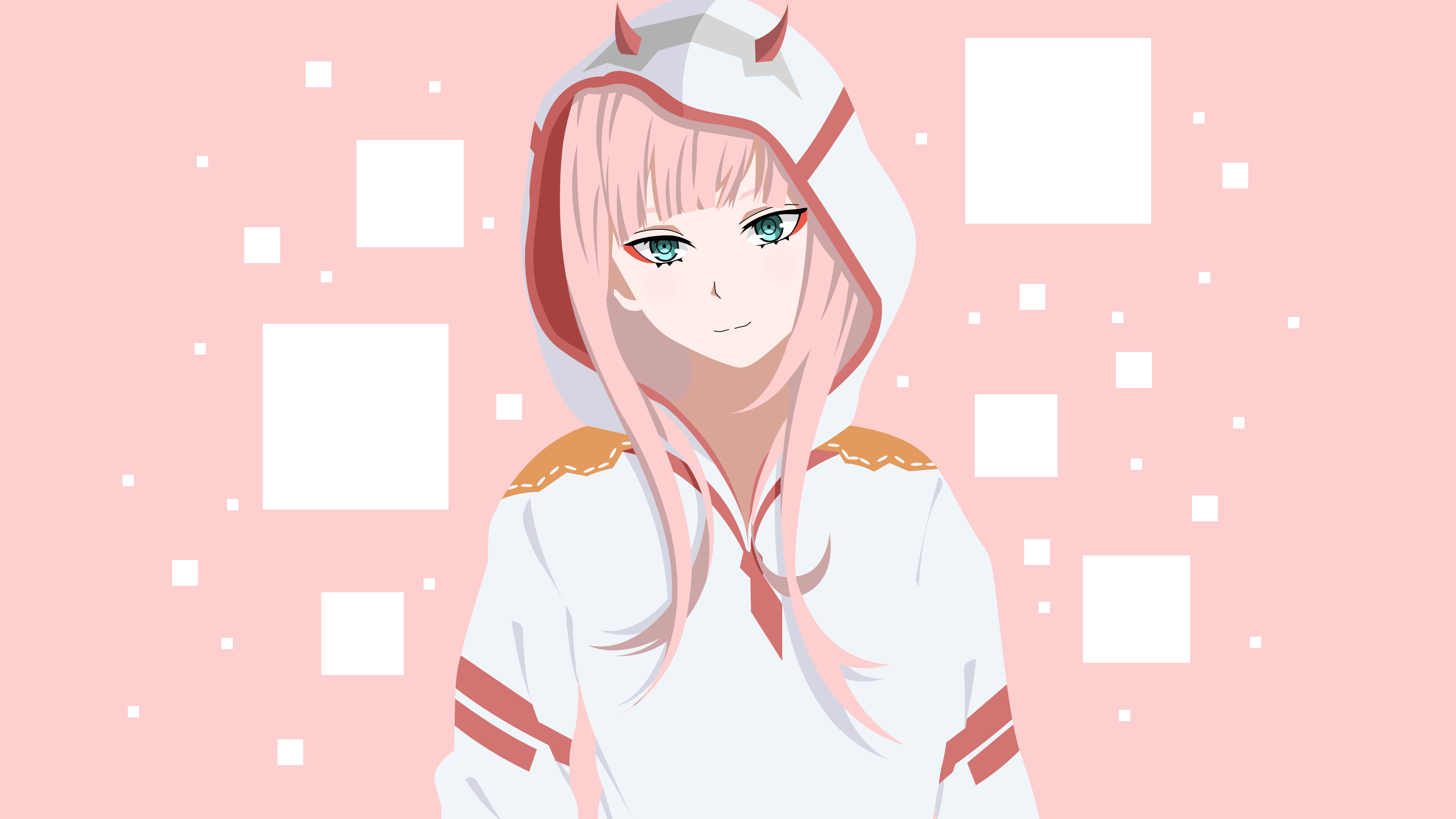 Zero Two from the popular anime Darling in the Franxx Background — A pink-haired anime girl in a white hoodie with red accents and small horns gazes softly against a pastel pink background with floating white squares.