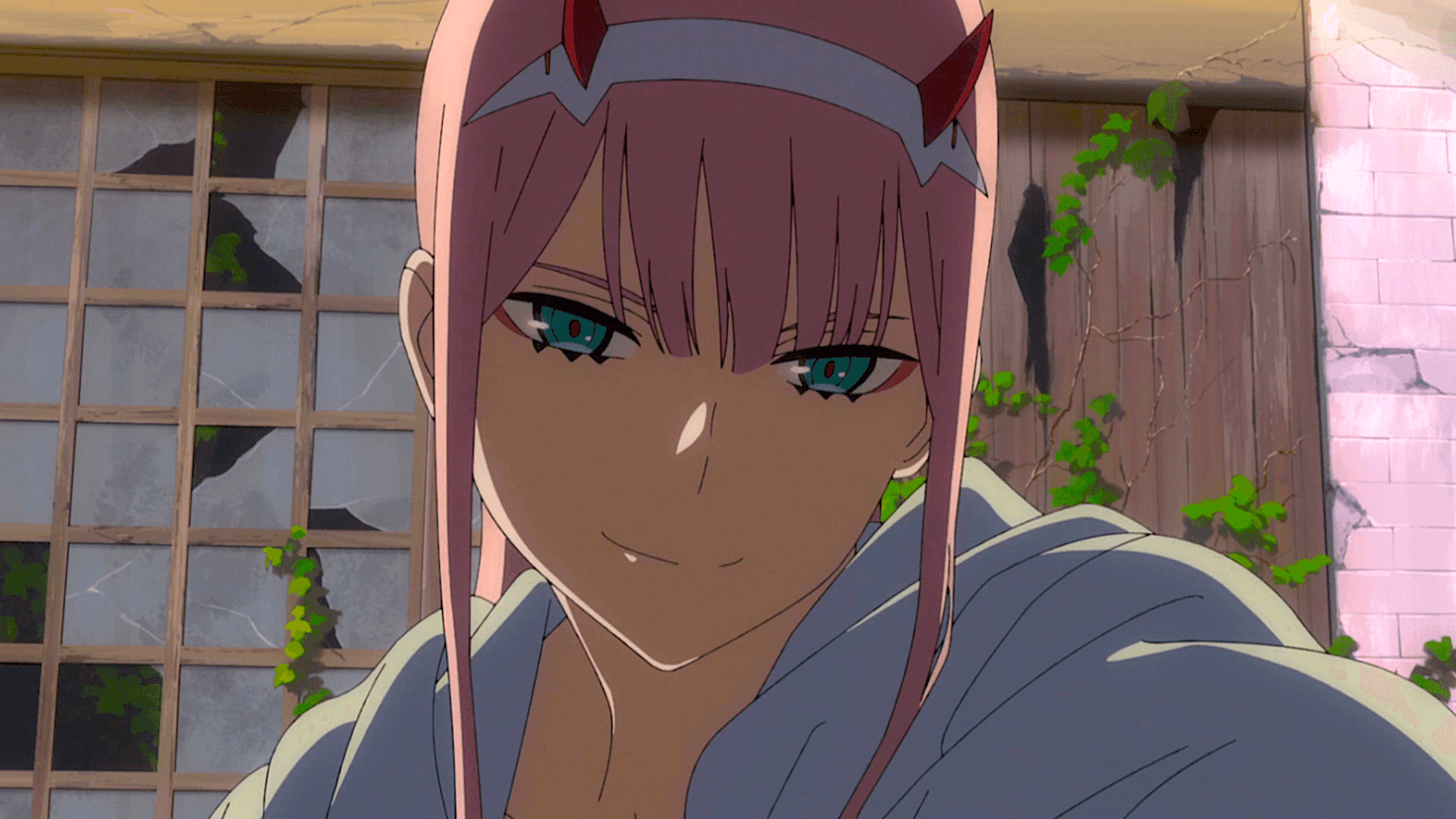 Join Zero Two for a wild and thrilling adventure! Background — A pink-haired anime girl with teal eyes and red horns smiles gently beside a weathered wooden building with ivy.
