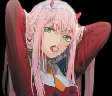 Zero Two Casual Pose With Lollipop PNG