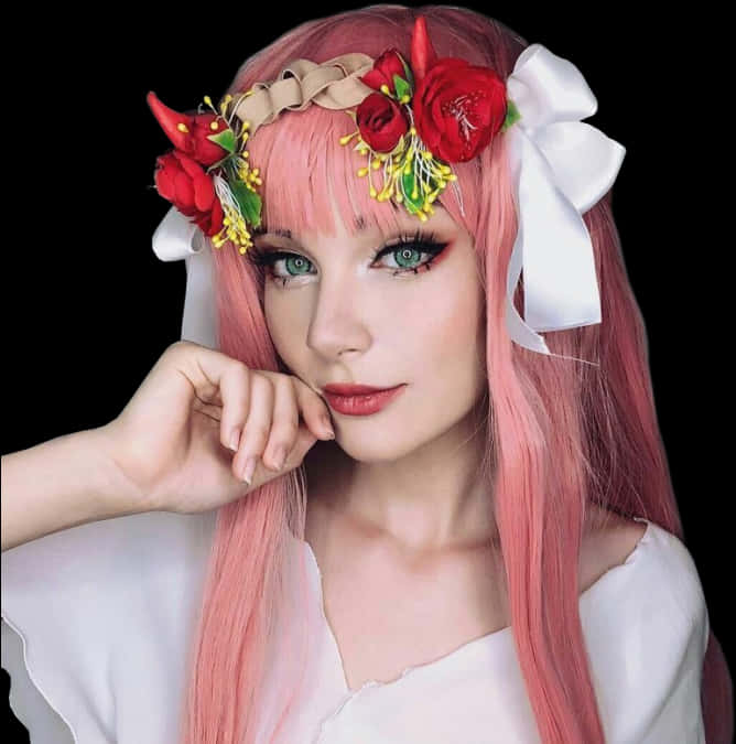 Zero Two Cosplaywith Floral Headpiece PNG