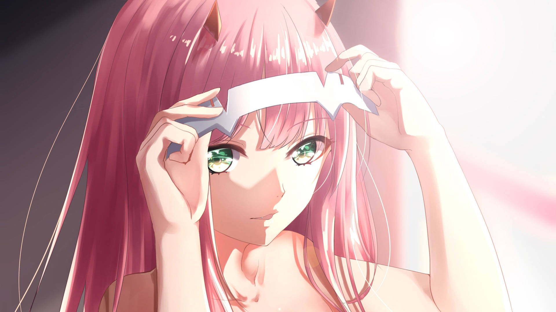 Zero Two patiently fixes her headband on a bright morning Wallpaper