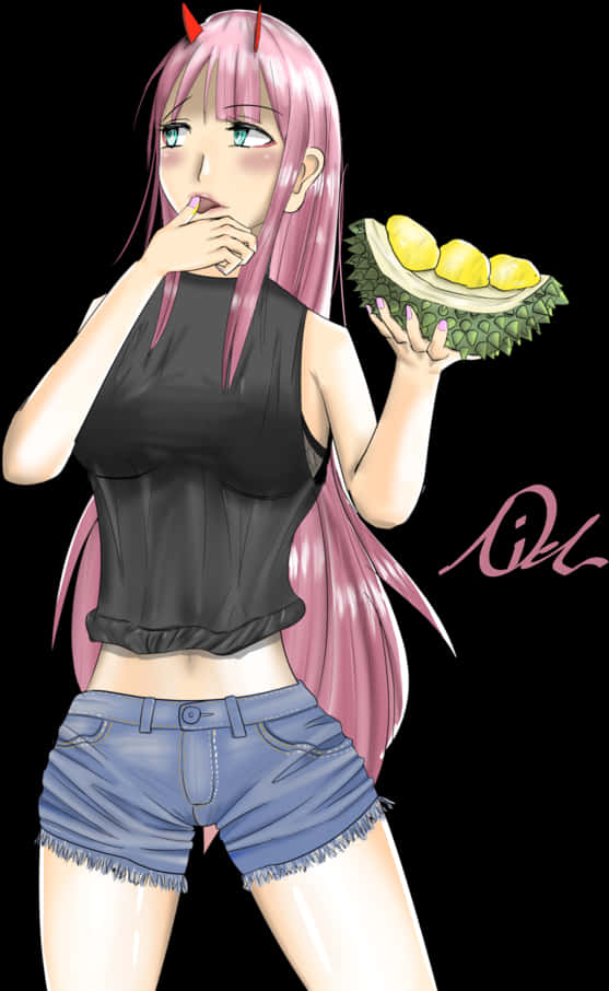 Zero Two Holding Durian Fruit PNG