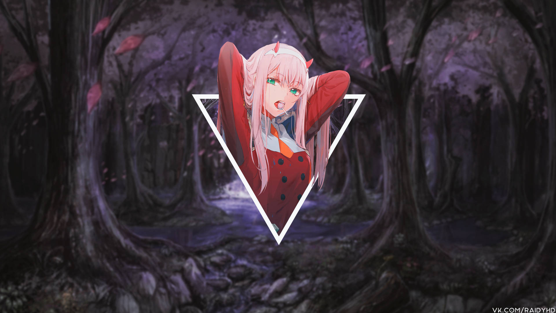 “Zero Two embraces a golden triangle in Darling in the FranXX