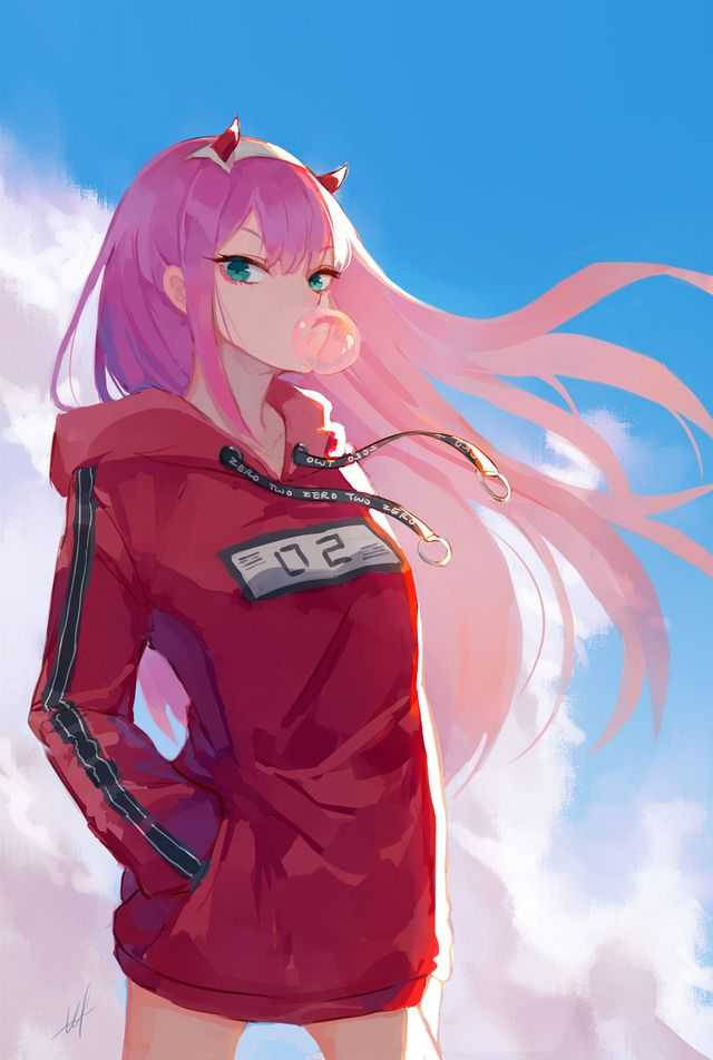 Zero Two In Rode Hoodie Telefoon Achtergrond