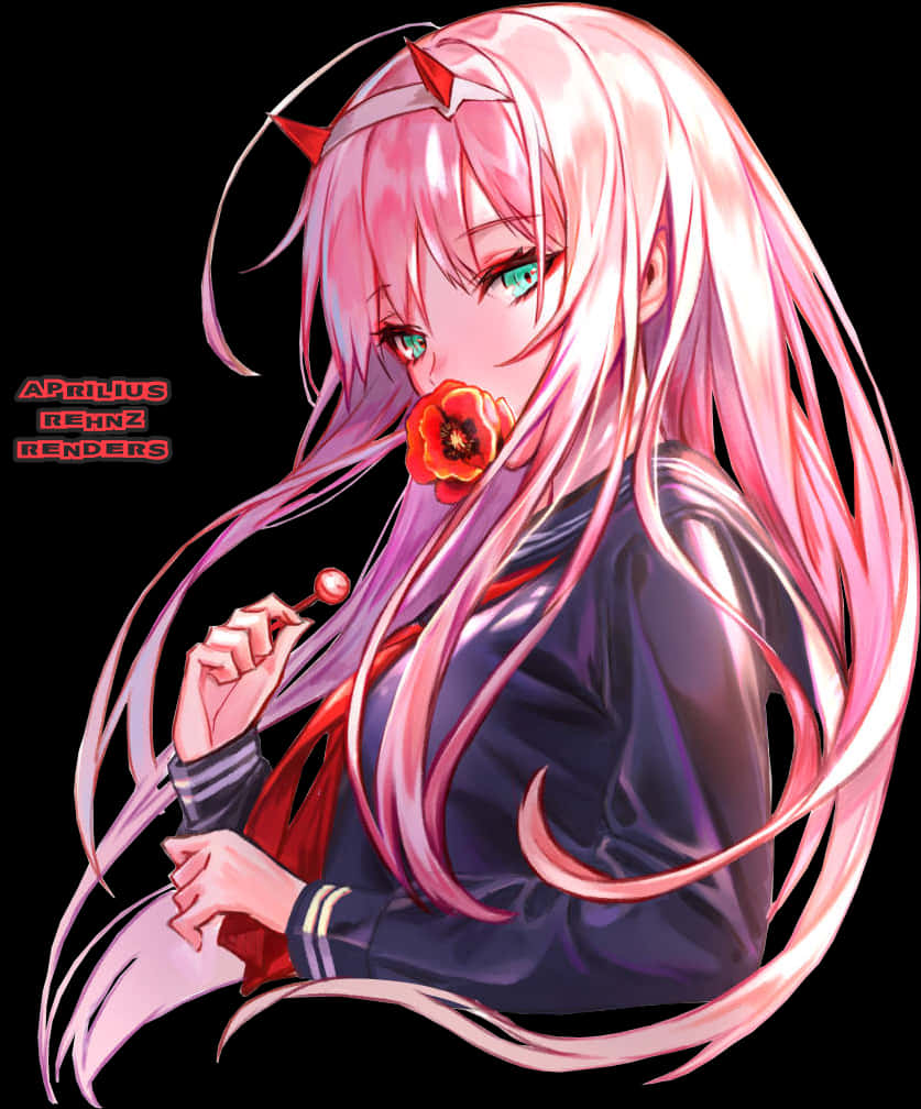Zero Two With Flower Anime Art PNG