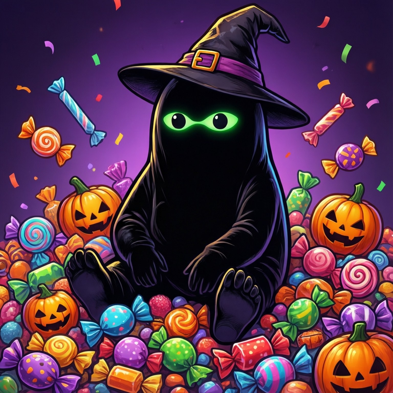 Divertito cartone animato Zero con un cappello da strega circondato da caramelle di Halloween.