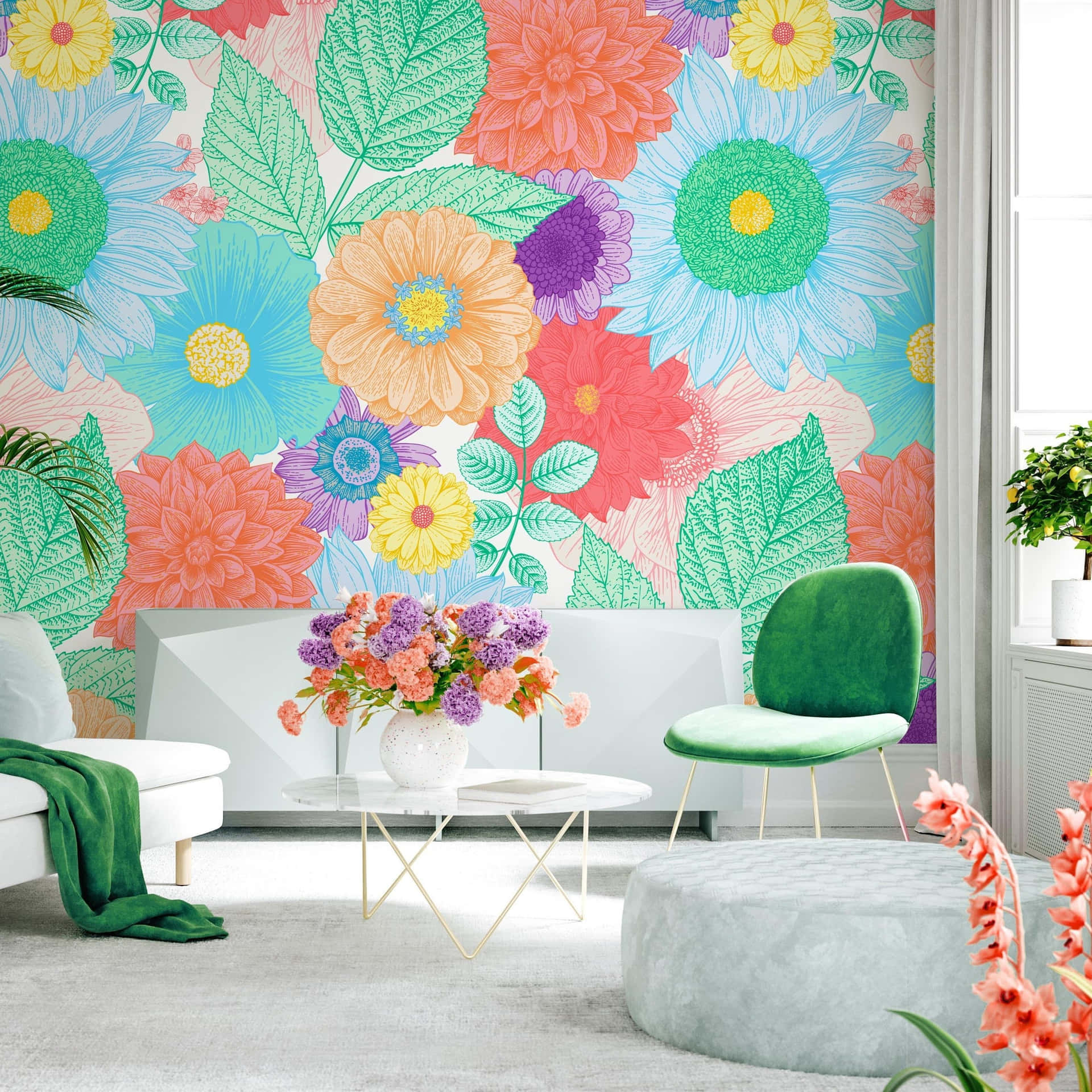 Vibrant Zesty Floral Wall Accent Wallpaper