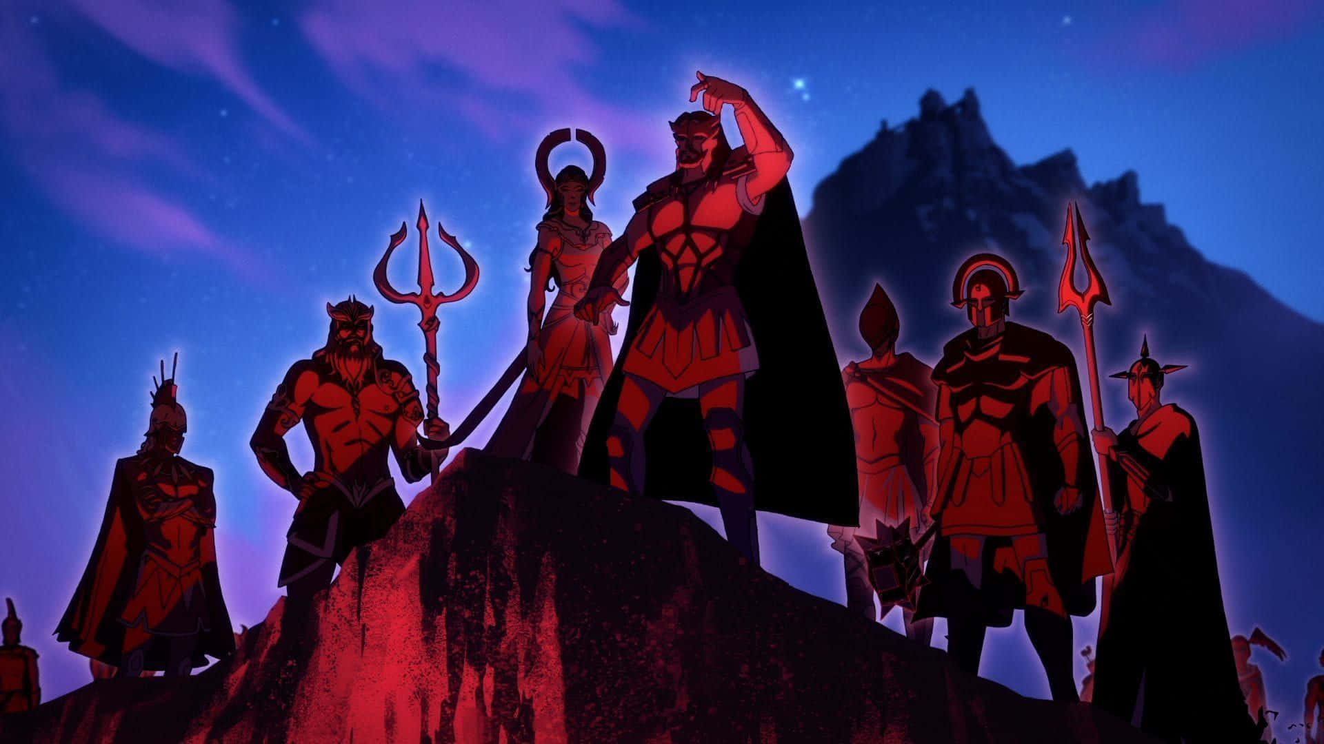 A Group Of People Standing On A Mountain With A Red Sky Wallpaper