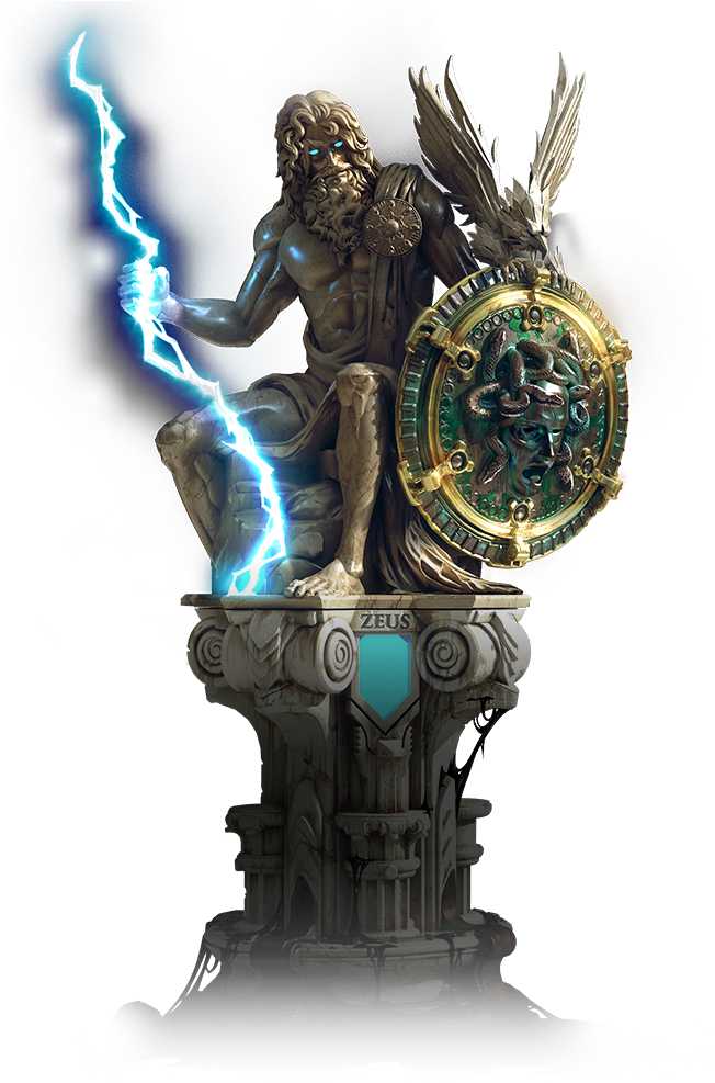 Zeus Greek God Statuewith Lightning Boltand Shield PNG