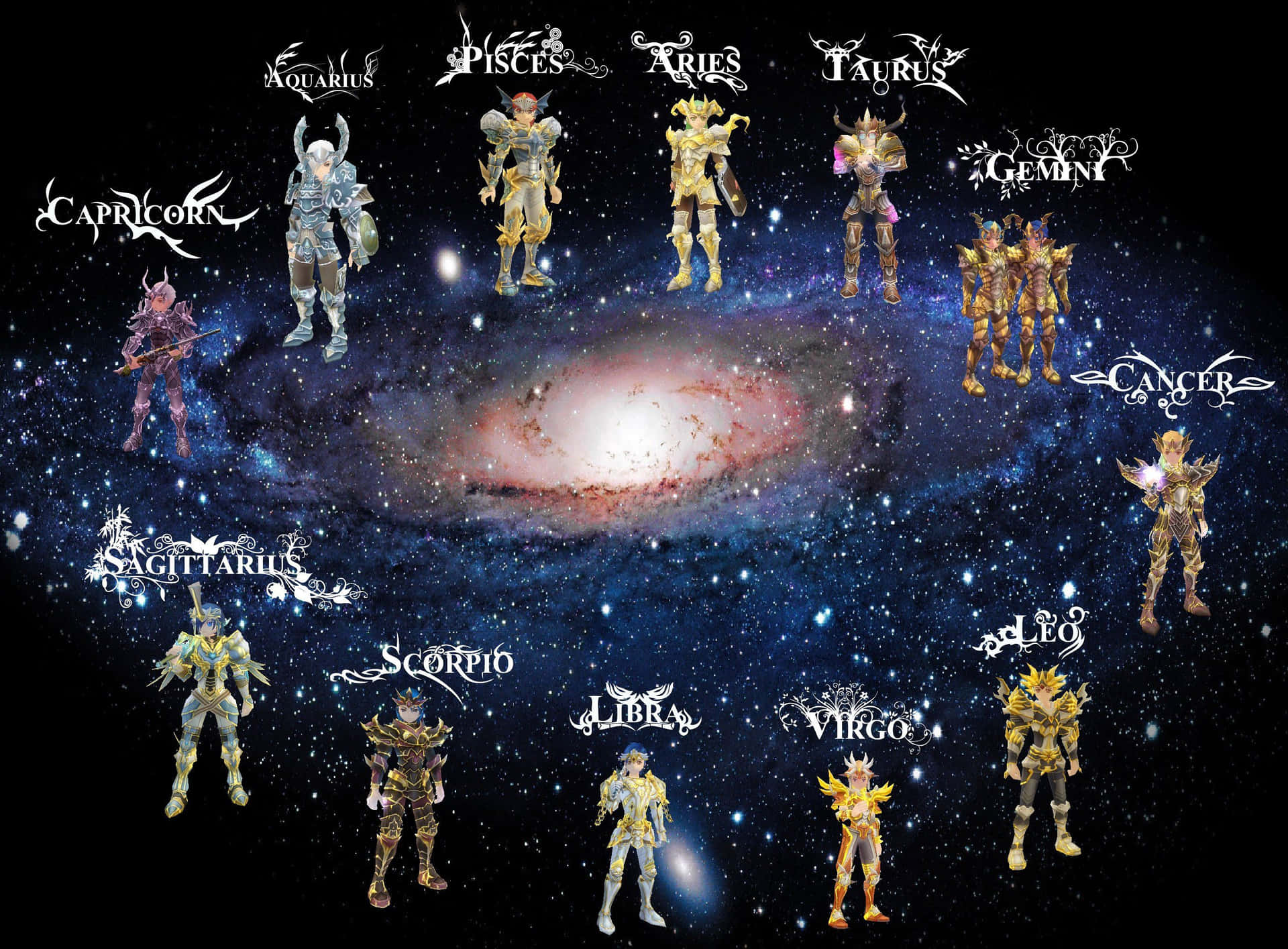 A vibrant display of the zodiac signs in a cosmic sky