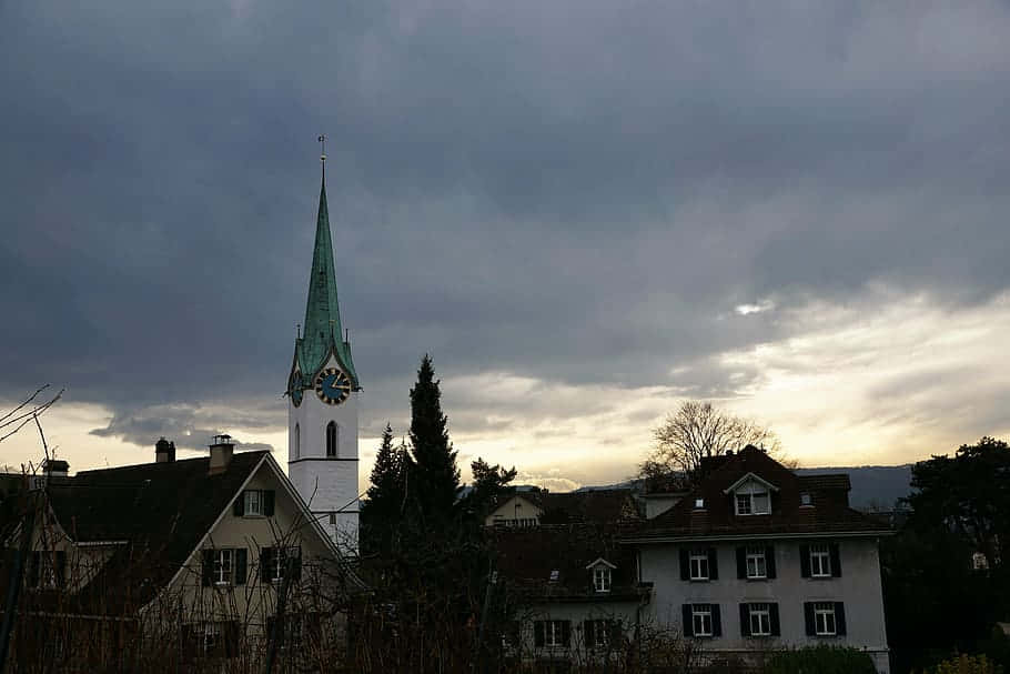 Zollikon Church Steeple Dusk Wallpaper