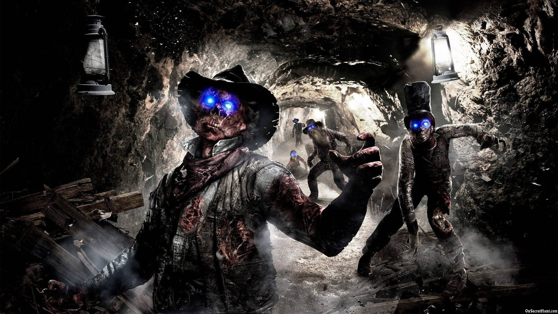 Zombies i en hule med blå lys Wallpaper
