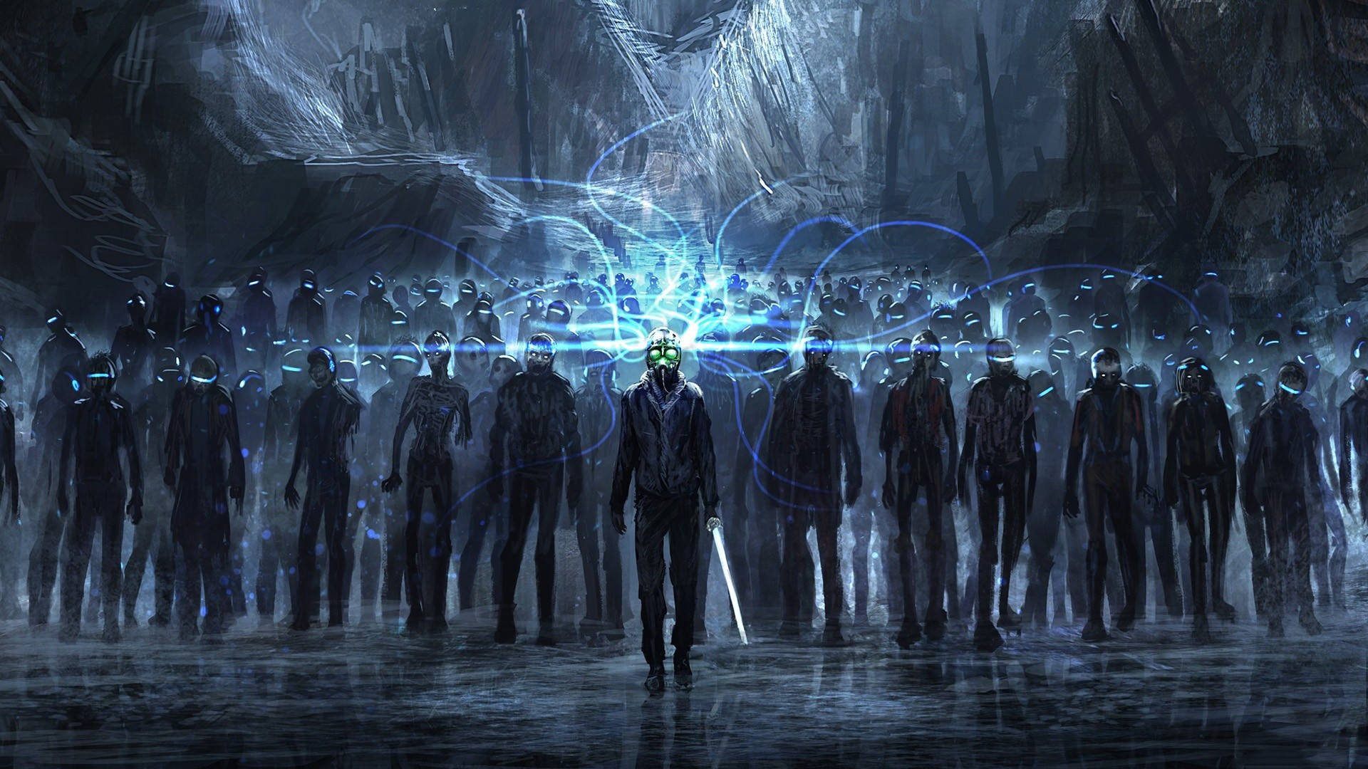 En gruppe mennesker står i en mørk hule Wallpaper