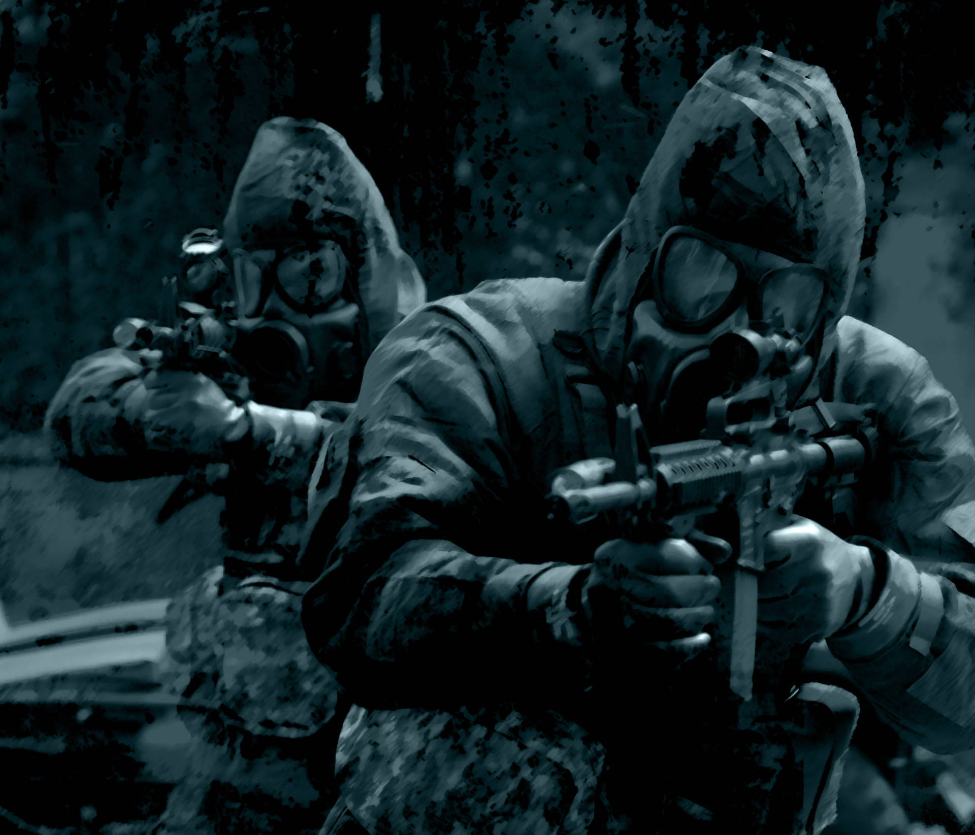 Two Soldiers In Gas Masks Holding Guns Wallpaper