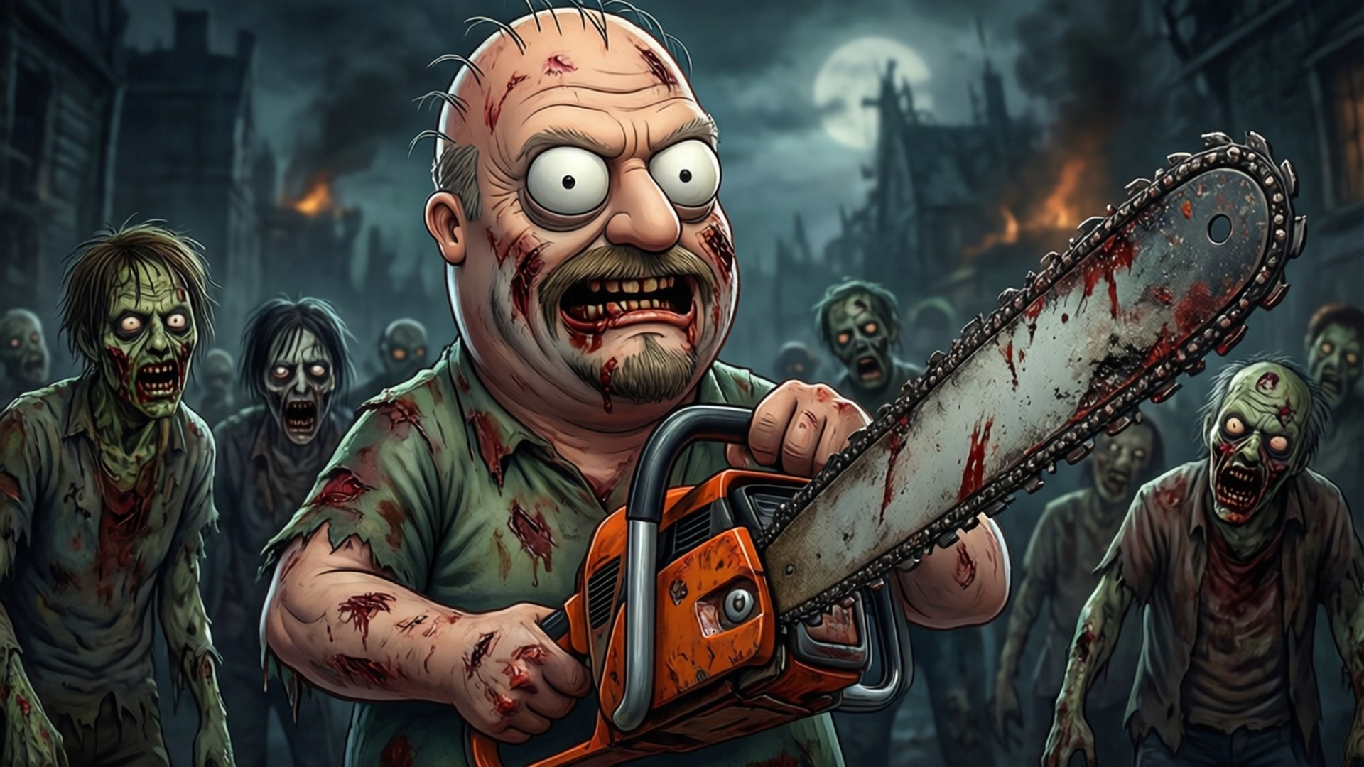 Zombie Slayer Peter Wallpaper — A bloodied cartoon man with a chainsaw stands defiantly as zombies swarm around him in a moonlit ruined city.