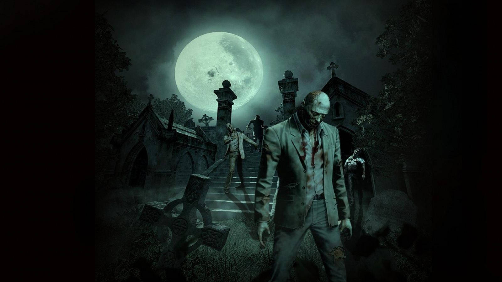 Zombies Walking In Gothic Graveyard