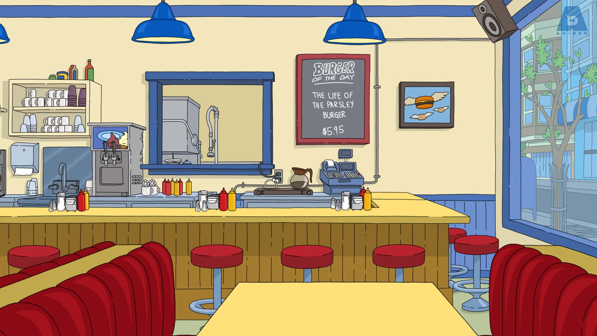 Bob's Burger's Restaurant Counter Zoom Background