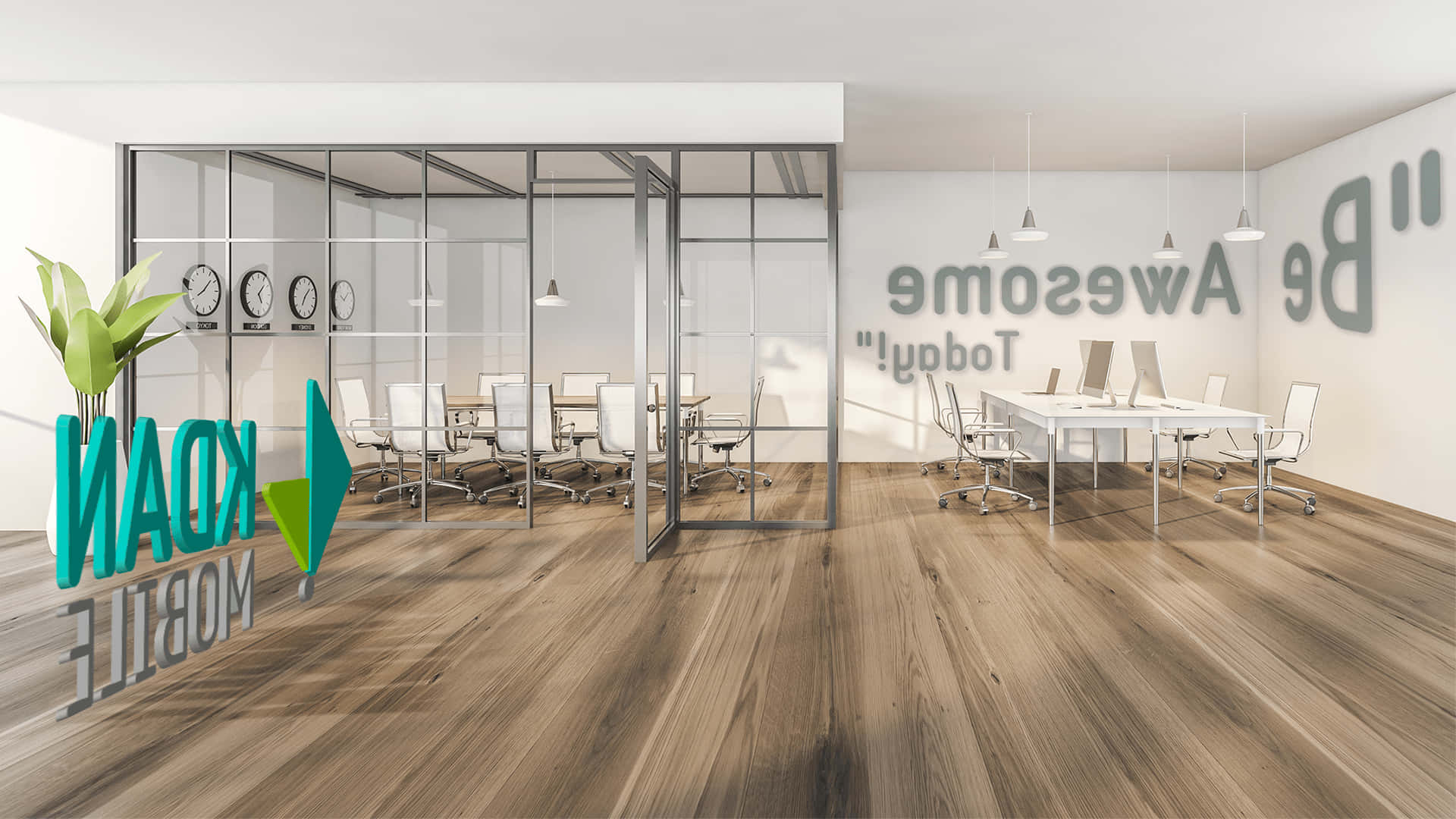 A 3d Rendering Of A Conference Room With A Sign That Says Be Awesome