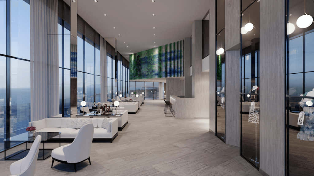 A Rendering Of The Lobby Of A High Rise Building