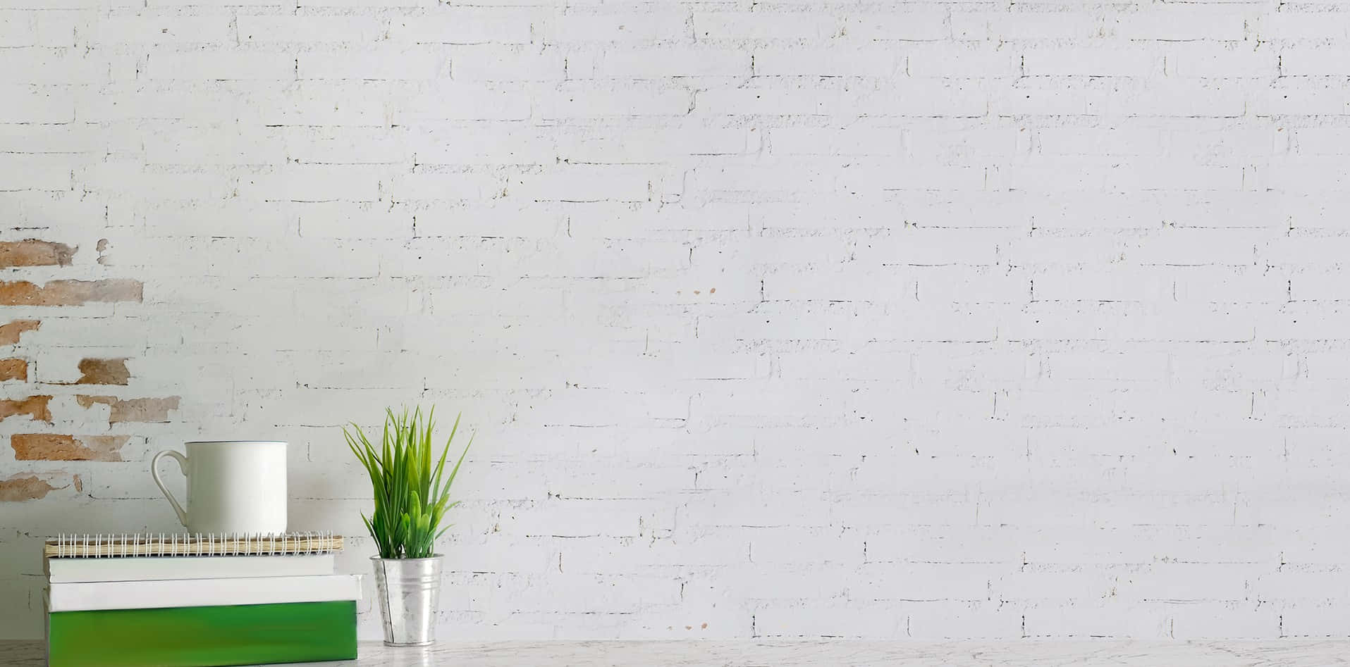 A White Brick Wall With A Plant And Books