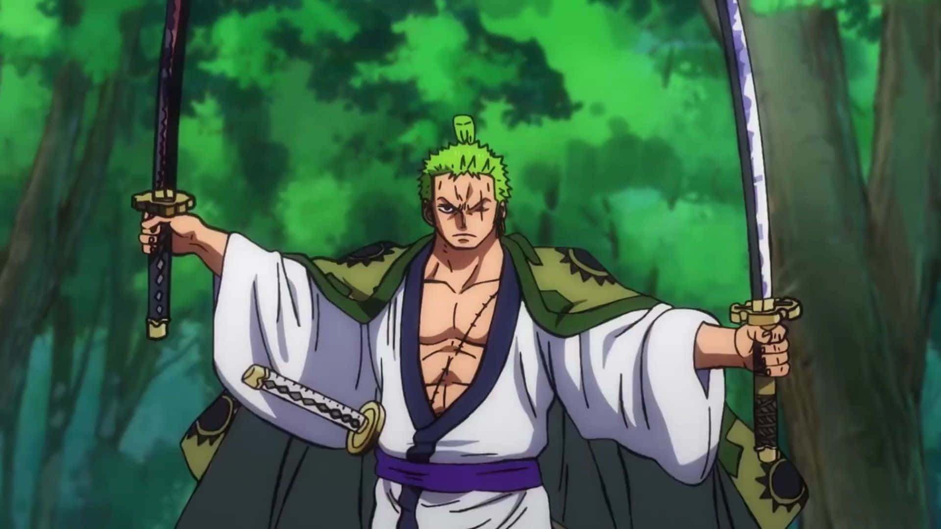 Intense Zoro With Dual Swords Ready for Battle