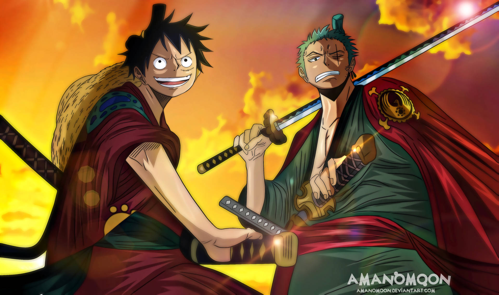 Zoro And Luffy One Piece Wano 4k Fanart Background