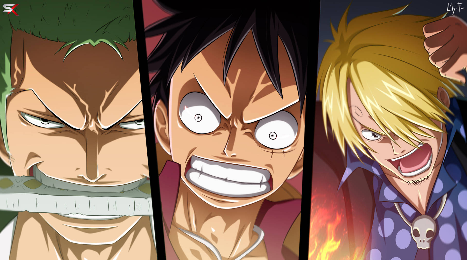 Sanji in an intense moment with Luffy and Zoro Wallpaper