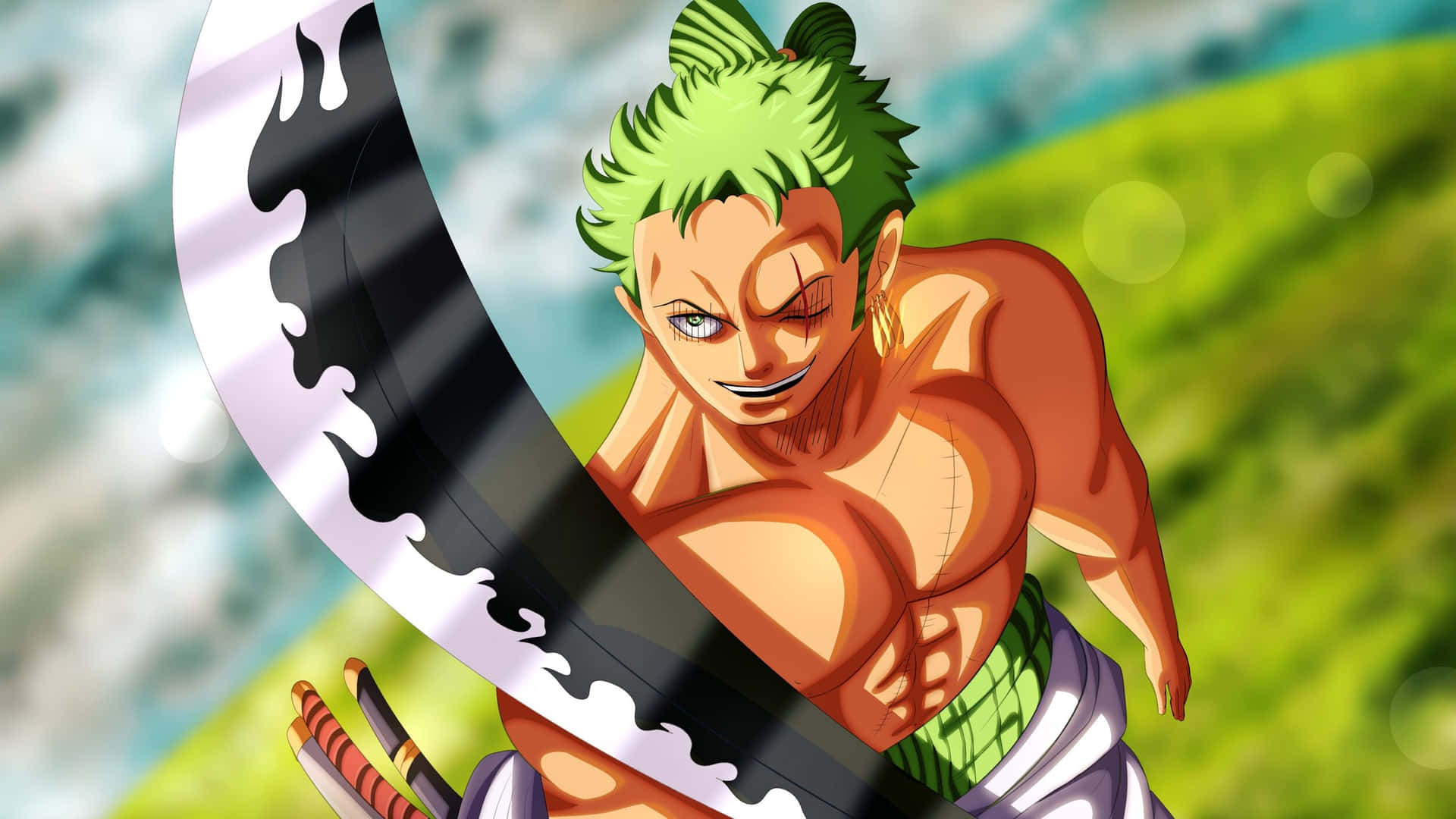 Download Zoro_ Wielding_ Sword_ Anime_ Action Wallpaper | Wallpapers.com