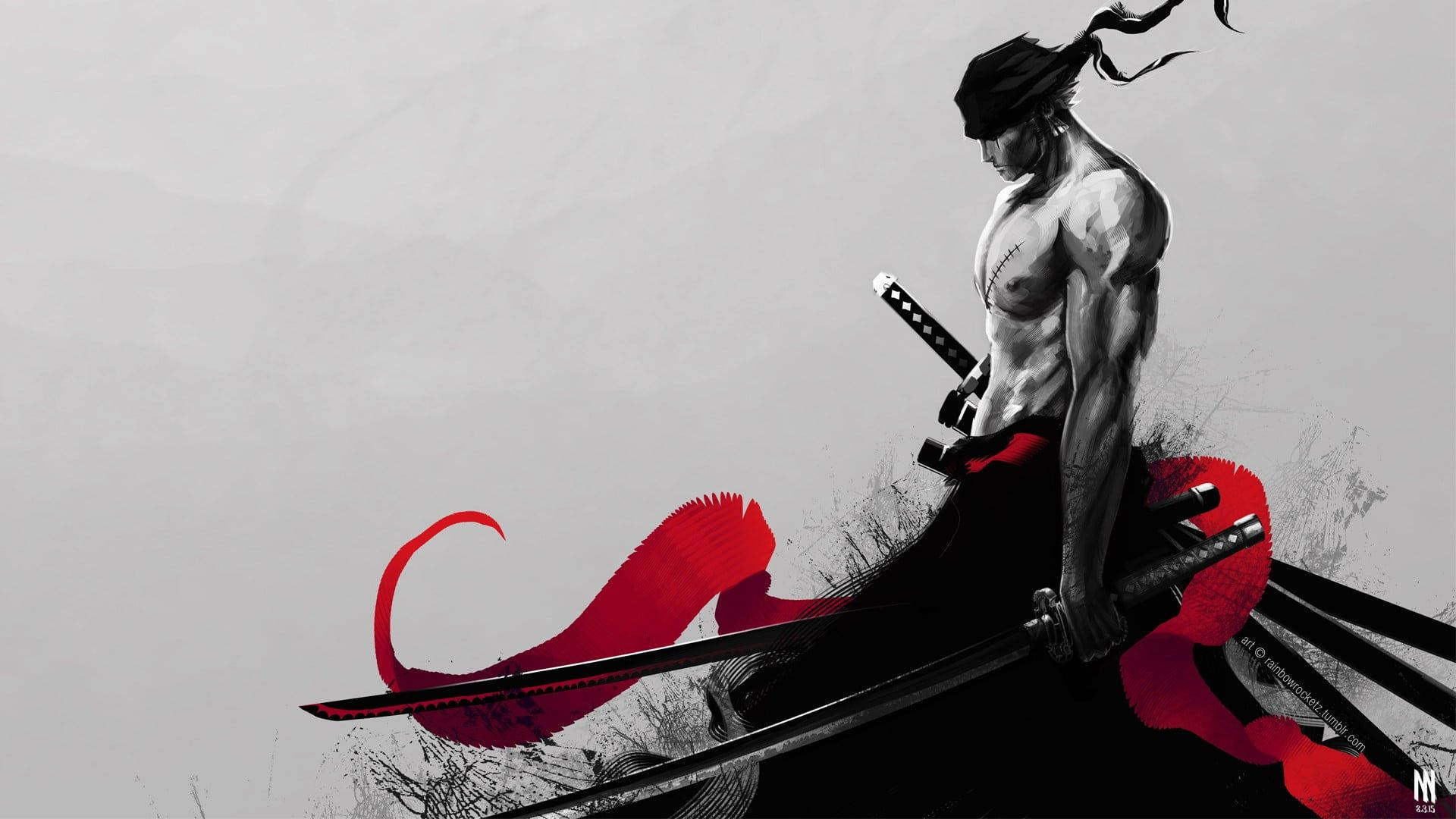 Image  Zoro, the fictional swordsman, sheaths his two katanas. Wallpaper
