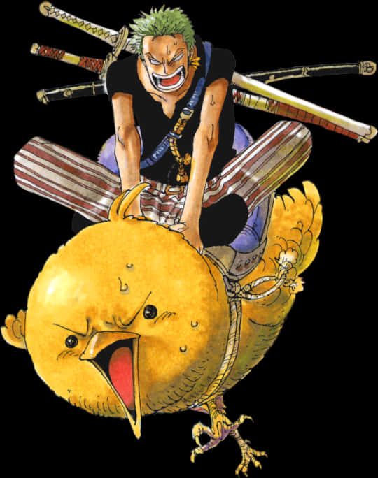 Zoro_ Riding_ Giant_ Chick_ Anime_ Illustration PNG