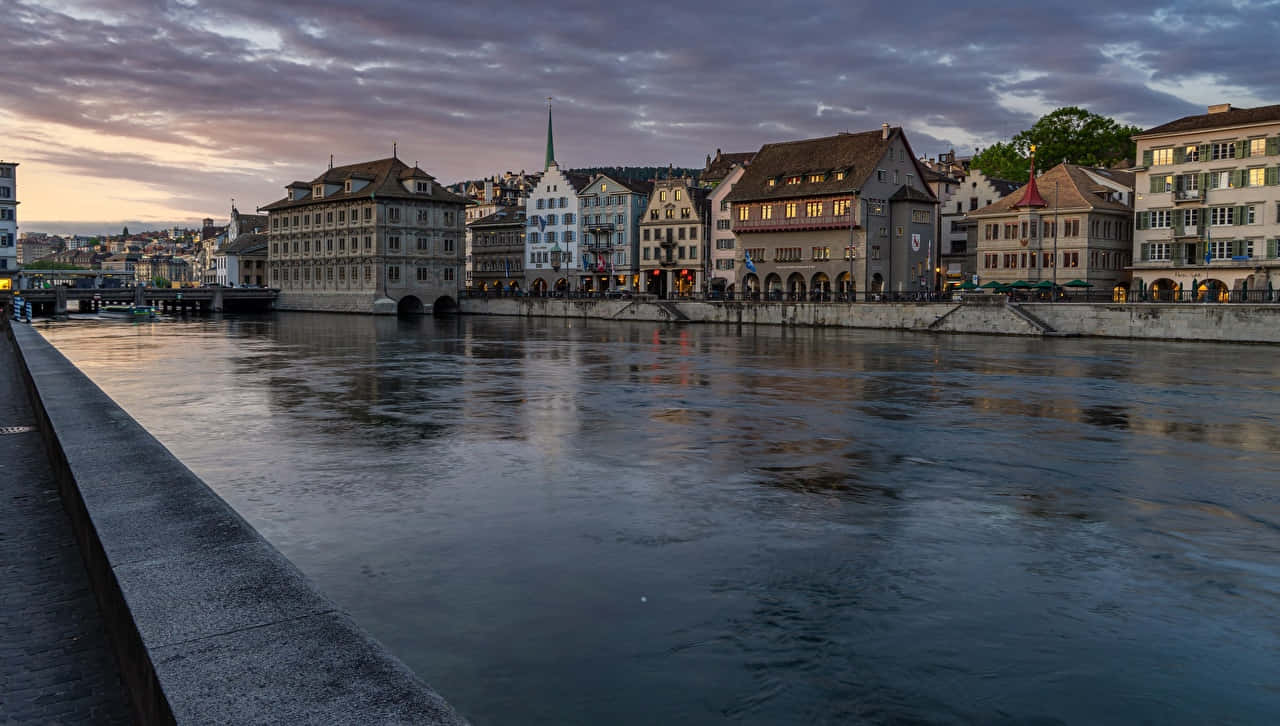 Zurich Riverfront Dusk Scenery Wallpaper