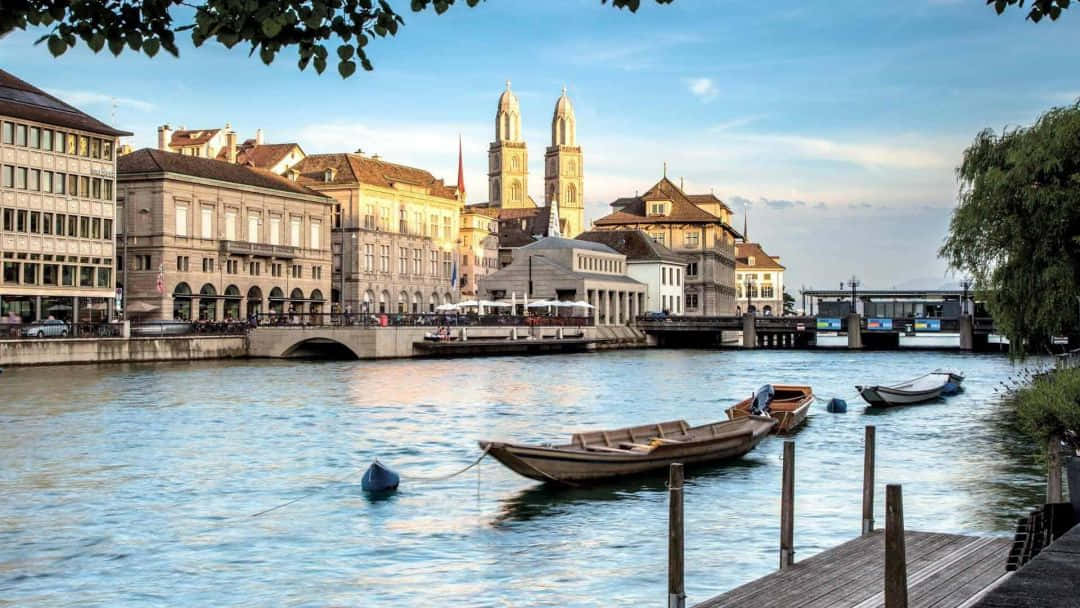 Zurich Riverfront Evening View Wallpaper