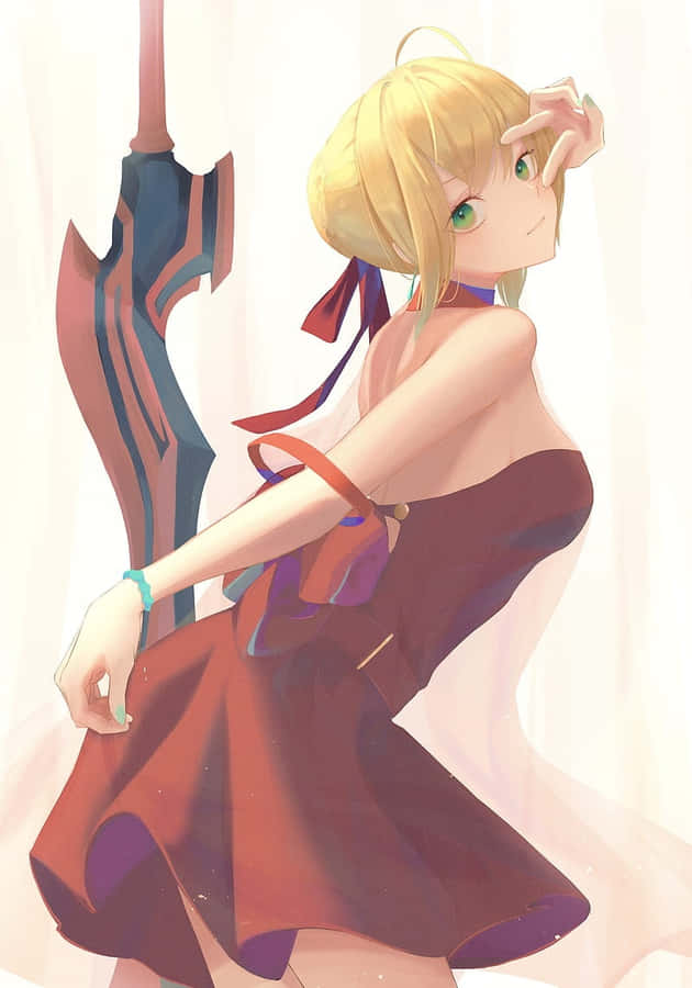 Blond anime-jente med sverd