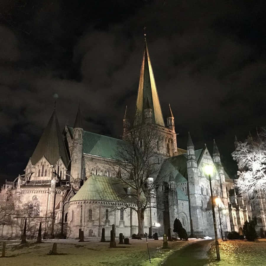 Vista Noturna da Catedral de Nidaros em Trondheim