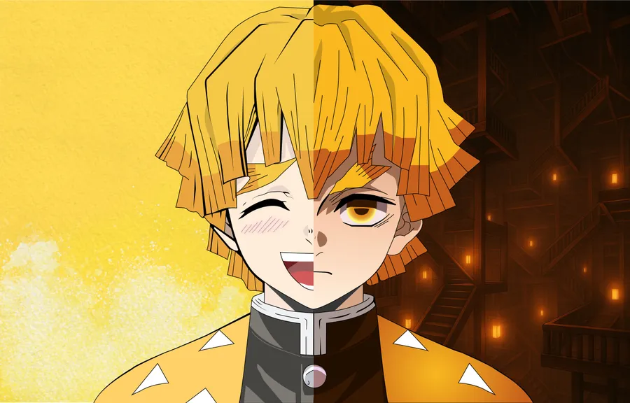 Zenitsu Agatsuma,Demon Slayer,Kimetsu no Yaiba,anime wallpaper,anime character,split face,dual personality,yellow hair anime boy,anime art,manga style,lightning breathing