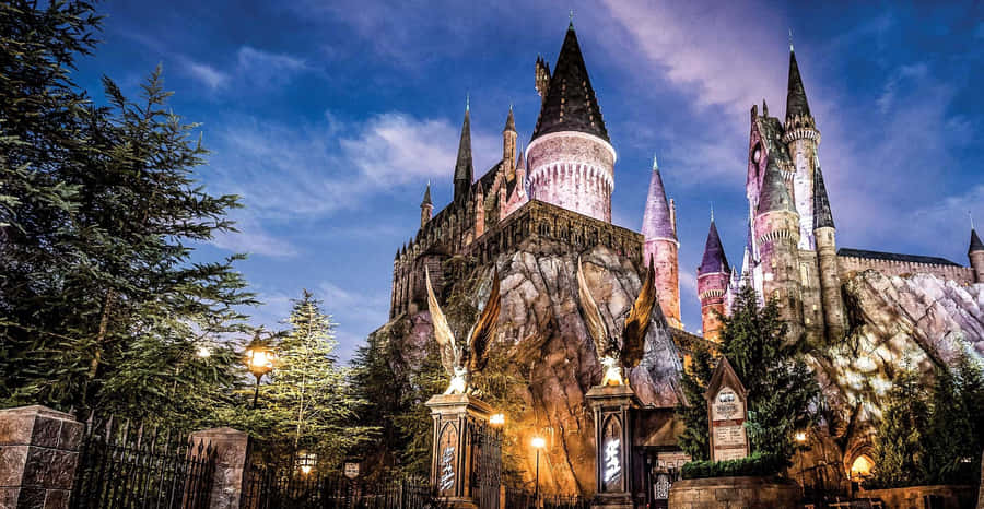 Seratamagica a Hogsmeade Village, con il treno di Hogwarts sullo sfondo.