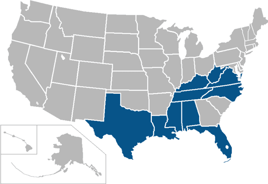 U S A Map Southern States Highlighted
