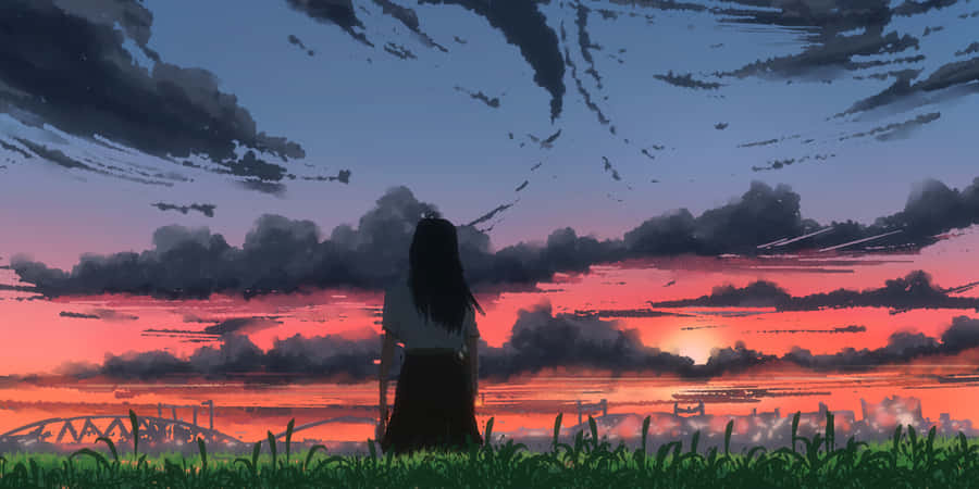 Papelde parede de anime estético com nuvens de pôr do sol sombrias.