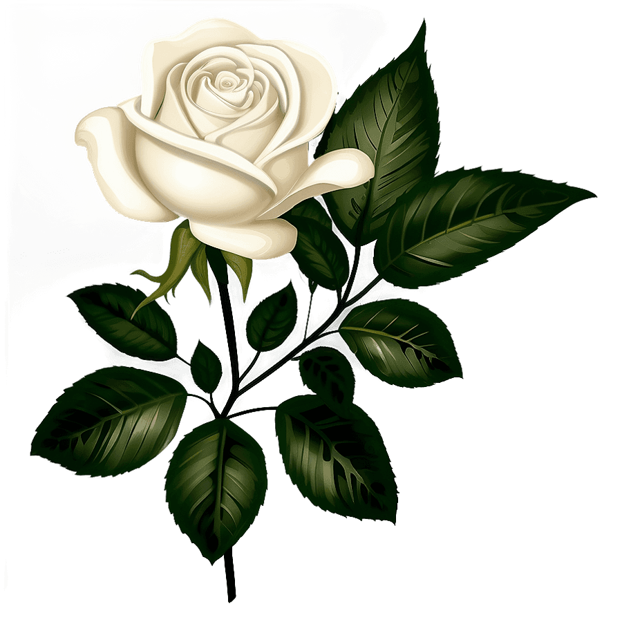 Black and White Rose with Leaves PNG yhm