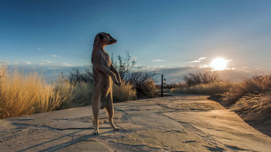 Umsuricato de pé em um caminho no deserto.