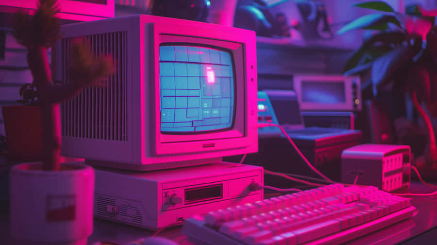 Retro-Computer-Setup im lila Y2K-Aesthetic