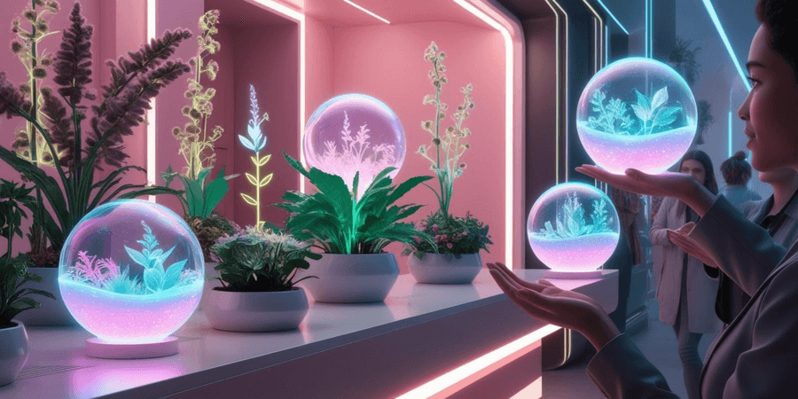 crystal balls,indoor plants,mystical vibe,tropical decor,glowing orbs,pink light,futuristic design,glass spheres,calming space,fantasy setting,home interior,spiritual ambiance,dreamy look,light reflections,soft aesthetic