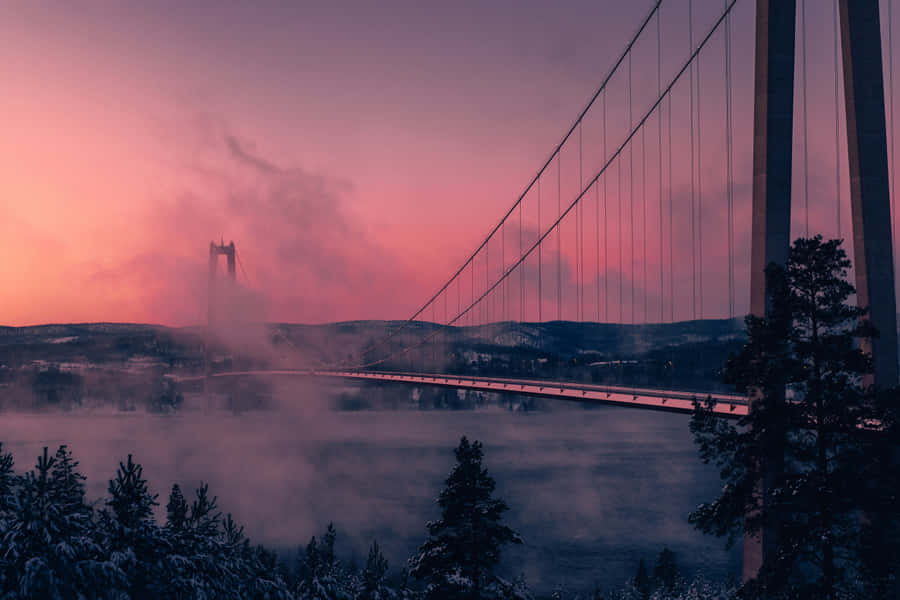 Nebeliger Sonnenuntergang über der Brücke