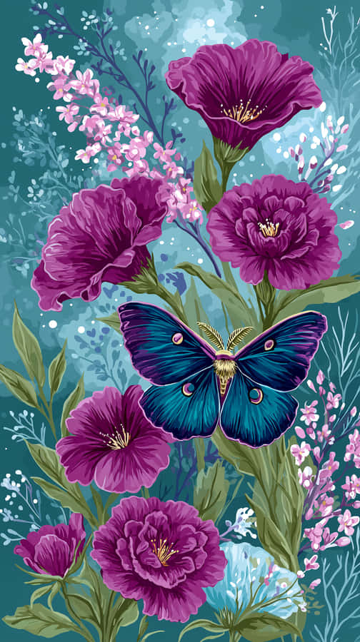 luna moth,wildflowers,pattern,nature,floral,insect,botanical,decorative,textile,illustration,garden,design,seamless,enchanting,blossom