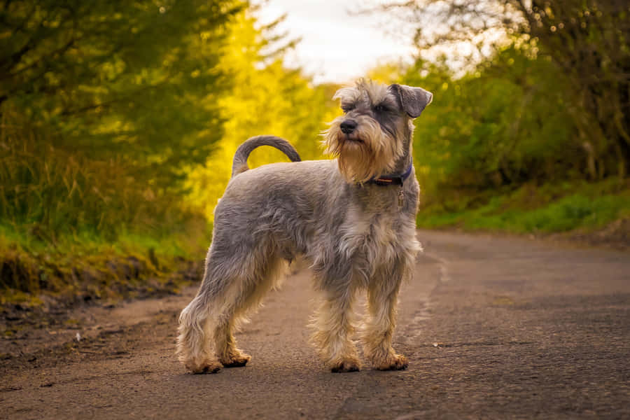 umschnauzer cinza parado em uma estrada