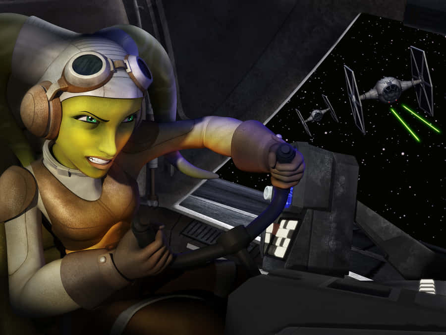 Eineweibliche Twi'lek in einem lebendigen Outfit.