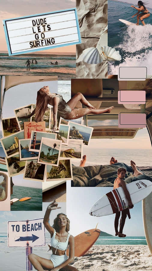 Collage estetico di surf sulla spiaggia