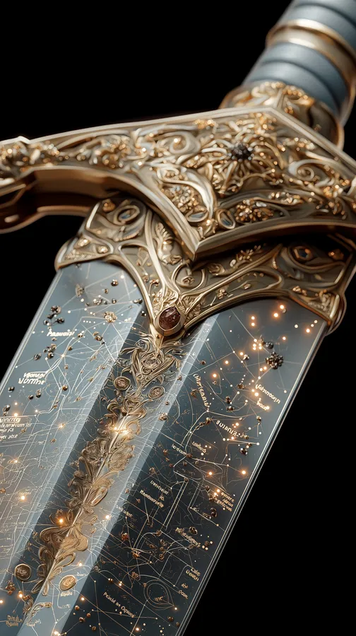 Sword,Fantasy,Celestial,Stars,Ornate,Weapon,Blade,Gold,Metal,Mystical,Galaxy,Cosmic,Engraving,Intricate,Ancient